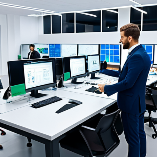 Home 14 Intelligent Automation in the Workplace**
"A bright, modern office environment with a diverse group of professionals collaborating with advanced robotic arms and holographic displays, showcasing the integration of AI in daily tasks. Everyone is fully clothed in professional attire. The scene emphasizes collaboration, innovation, and efficiency. Safe for work, appropriate content, perfect anatomy, correct proportions, professional, family-friendly, high quality."
**