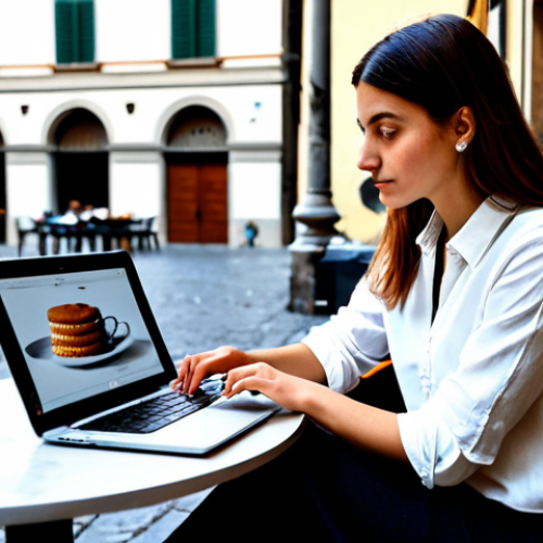 Home 5 정보 계층화 글쓰기의 심화 연구 - Capturing Attention**
"A young Italian woman, a blogger, sitting at a cafe table in Florence, worki...